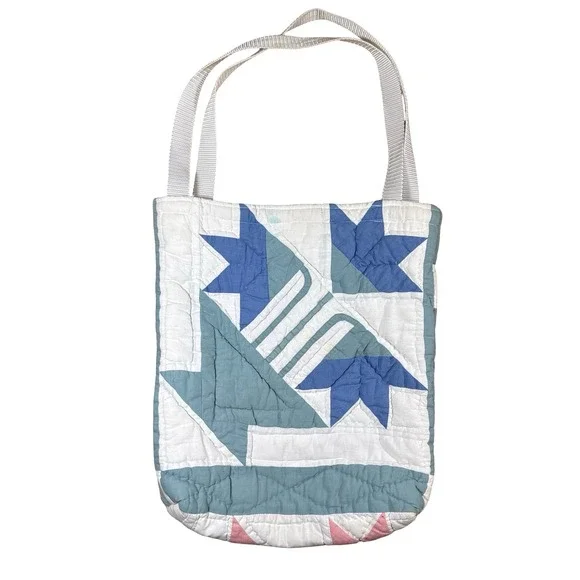 Pierson's cottagecore Vintage Quilt Tote Bag Patchwork Star Pastel Blue Pink - Picture 2 of 7